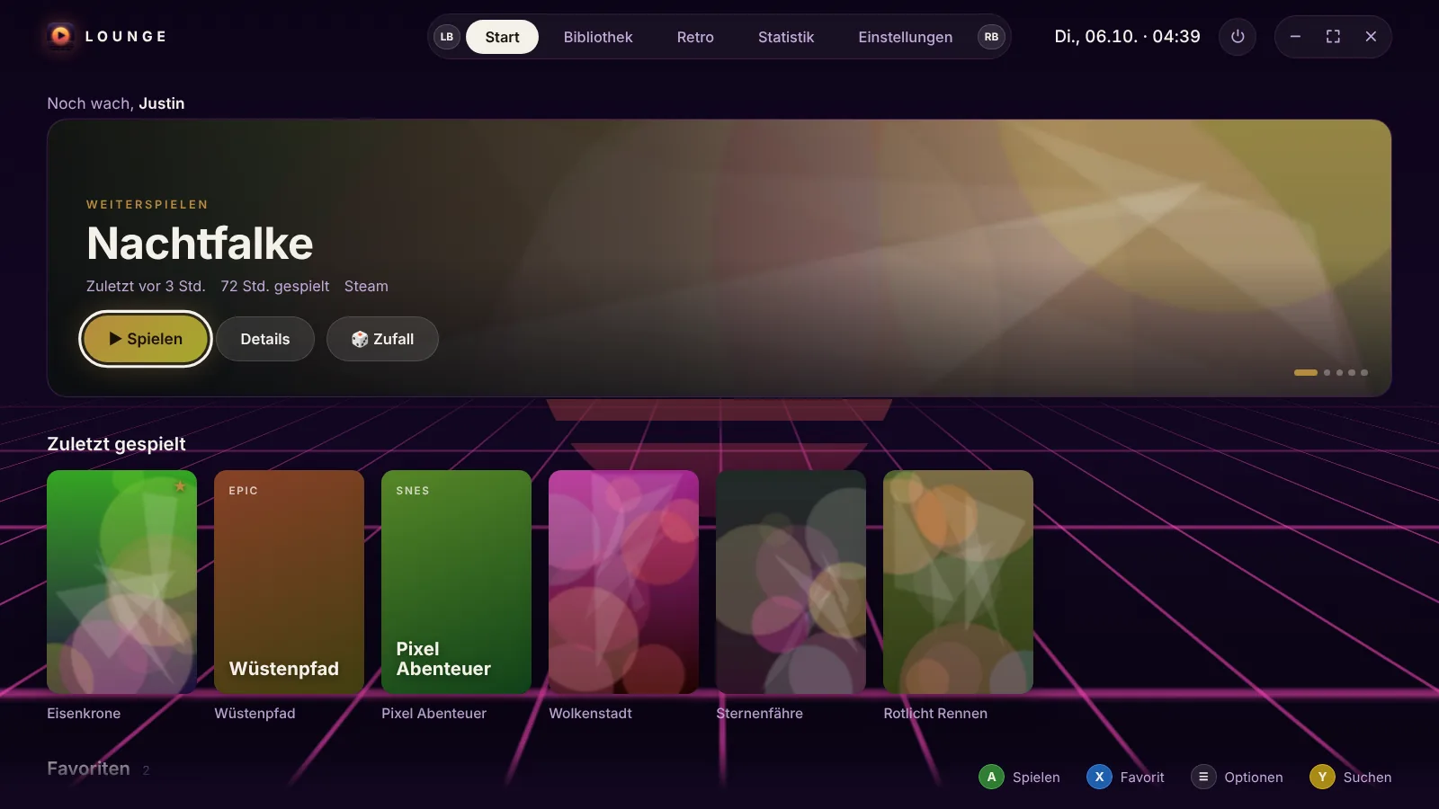Lounge Startseite mit Synthwave-Hintergrund
