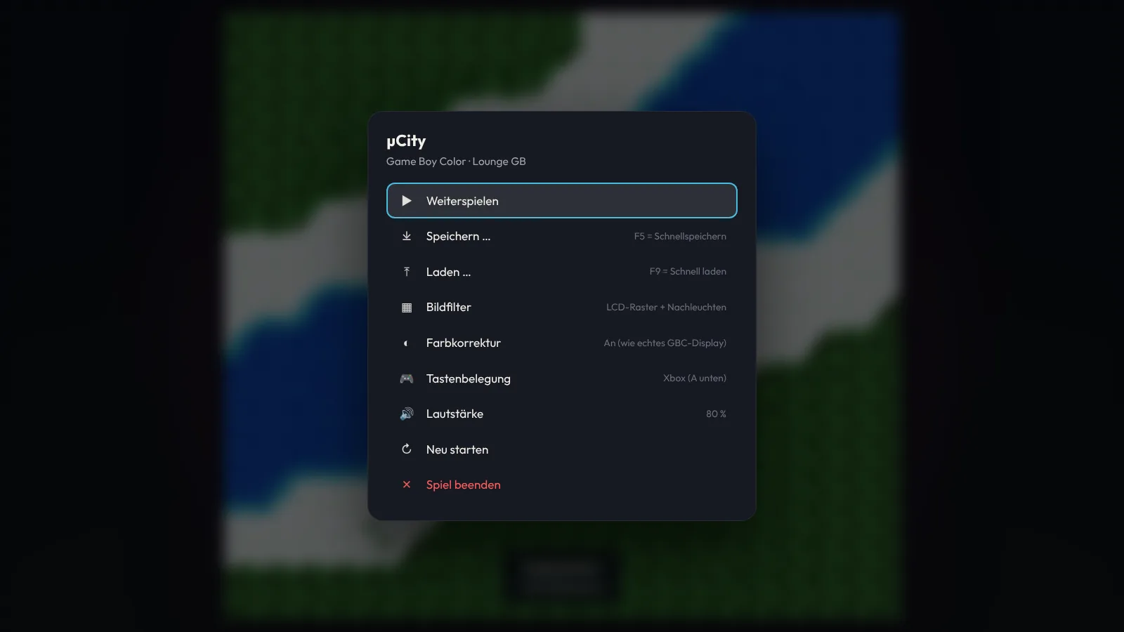 Pausenmenü im Emulator